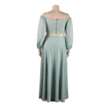 Sexy Off Shoulder Lantern Sleeves Wrapped Tops Long Skirts Two Pieces