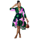 Casual Long Sleeve Print V Neck Lapel Party Dresses