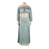 Sexy Off Shoulder Lantern Sleeves Wrapped Tops Long Skirts Two Pieces