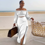 Sexy Off Shoulder Lantern Sleeves Wrapped Tops Long Skirts Two Pieces