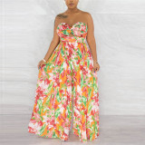 Sexy Strapless Wrapped Printed Wide Leg Pleated Jumpsuit