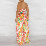 Sexy Strapless Wrapped Printed Wide Leg Pleated Jumpsuit