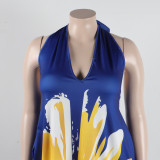 Plus Size Printed Halter Backless V Neck Maternity Dress