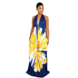 Plus Size Printed Halter Backless V Neck Maternity Dress