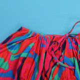 Sexy Printed Lantern Sleeve Slit Long Dress Two-Piece Long Skirt Set