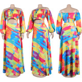 Sexy Printed Lantern Sleeve Slit Long Dress Two-Piece Long Skirt Set