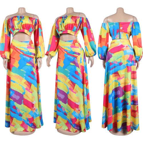 Sexy Printed Lantern Sleeve Slit Long Dress Two-Piece Long Skirt Set