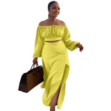 Sexy Off Shoulder Lantern Sleeves Wrapped Tops Long Skirts Two Pieces