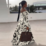 Sexy Printed Lantern Sleeve Slit Long Dress Two-Piece Long Skirt Set