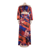 Sexy Printed Lantern Sleeve Slit Long Dress Two-Piece Long Skirt Set