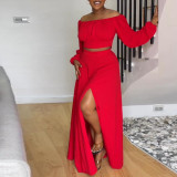 Solid Color Off Shoulder Lantern Sleeve 2 Piece Skirt Sets African Dresses