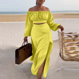 Sexy Off Shoulder Lantern Sleeves Wrapped Tops Long Skirts Two Pieces