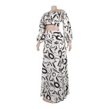 Sexy Printed Lantern Sleeve Slit Long Dress Two-Piece Long Skirt Set