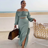 Sexy Off Shoulder Lantern Sleeves Wrapped Tops Long Skirts Two Pieces