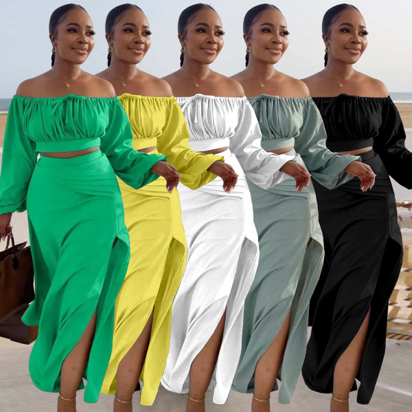Sexy Off Shoulder Lantern Sleeves Wrapped Tops Long Skirts Two Pieces