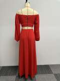 Solid Color Off Shoulder Lantern Sleeve 2 Piece Skirt Sets African Dresses