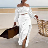 Sexy Off Shoulder Lantern Sleeves Wrapped Tops Long Skirts Two Pieces