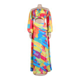 Sexy Printed Lantern Sleeve Slit Long Dress Two-Piece Long Skirt Set