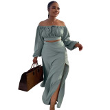 Sexy Off Shoulder Lantern Sleeves Wrapped Tops Long Skirts Two Pieces