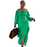 Sexy Off Shoulder Lantern Sleeves Wrapped Tops Long Skirts Two Pieces