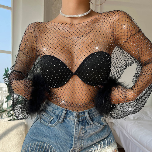 Women Glitter Diamond Mesh Hollow Long Sleeve T-Shirt