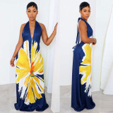 Plus Size Printed Halter Backless V Neck Maternity Dress