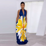 Plus Size Printed Halter Backless V Neck Maternity Dress