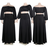 Sexy Off Shoulder Lantern Sleeves Wrapped Tops Long Skirts Two Pieces