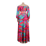Sexy Printed Lantern Sleeve Slit Long Dress Two-Piece Long Skirt Set