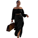 Sexy Off Shoulder Lantern Sleeves Wrapped Tops Long Skirts Two Pieces