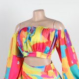 Sexy Printed Lantern Sleeve Slit Long Dress Two-Piece Long Skirt Set