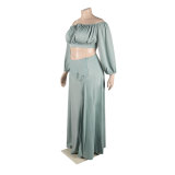 Sexy Off Shoulder Lantern Sleeves Wrapped Tops Long Skirts Two Pieces