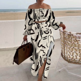 Sexy Printed Lantern Sleeve Slit Long Dress Two-Piece Long Skirt Set