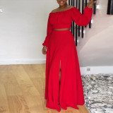 Solid Color Off Shoulder Lantern Sleeve 2 Piece Skirt Sets African Dresses