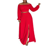Solid Color Off Shoulder Lantern Sleeve 2 Piece Skirt Sets African Dresses