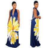 Plus Size Printed Halter Backless V Neck Maternity Dress