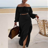 Sexy Off Shoulder Lantern Sleeves Wrapped Tops Long Skirts Two Pieces
