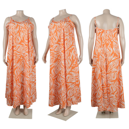 S10488 Loose Plus Size Straps Printed V-neck Maternity Long Dress