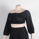 Sexy Off Shoulder Lantern Sleeves Wrapped Tops Long Skirts Two Pieces