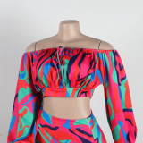 Sexy Printed Lantern Sleeve Slit Long Dress Two-Piece Long Skirt Set