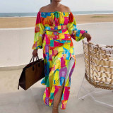 Sexy Printed Lantern Sleeve Slit Long Dress Two-Piece Long Skirt Set