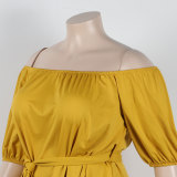 Plus Size Solid Color Off Shoulder Belted Two Piece Short Set