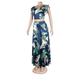 Women's Printed Navel Bodycon Suit Casual Boho Party Two Piece Set Summer Sexy Boat Neck Sleeveless Top and Long Skirt Beachwear