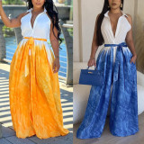 Casual Loose Shirt Collar Printed Belted Wide-leg Jumpsuit