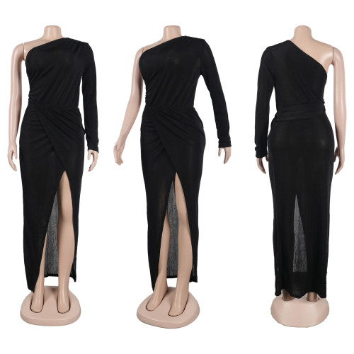 Women Sexy Solid One Shoulder Slit Long Dress