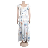 Women's Printed Navel Bodycon Suit Casual Boho Party Two Piece Set Summer Sexy Boat Neck Sleeveless Top and Long Skirt Beachwear