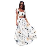 Women's Printed Navel Bodycon Suit Casual Boho Party Two Piece Set Summer Sexy Boat Neck Sleeveless Top and Long Skirt Beachwear