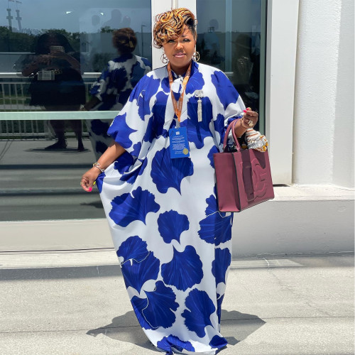 Plus Size Shirt Neck Loose Print Maxi Dress