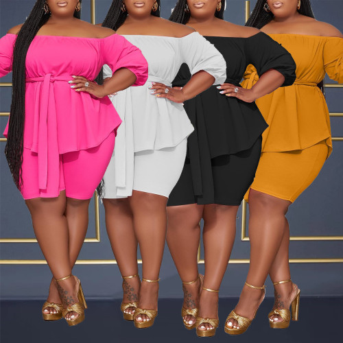 Plus Size Solid Color Off Shoulder Belted Two Piece Short Set
