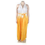Casual Loose Shirt Collar Printed Belted Wide-leg Jumpsuit